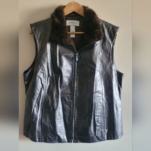 Liz Claiborne pearlized leather and faux fur trim outdoor vest Women's XL brown
